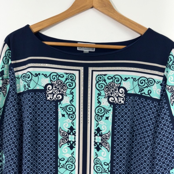 JM Collection Women’s Size Large Blue Green Floral Print Boat Neck Pullover Top - Picture 2 of 8
